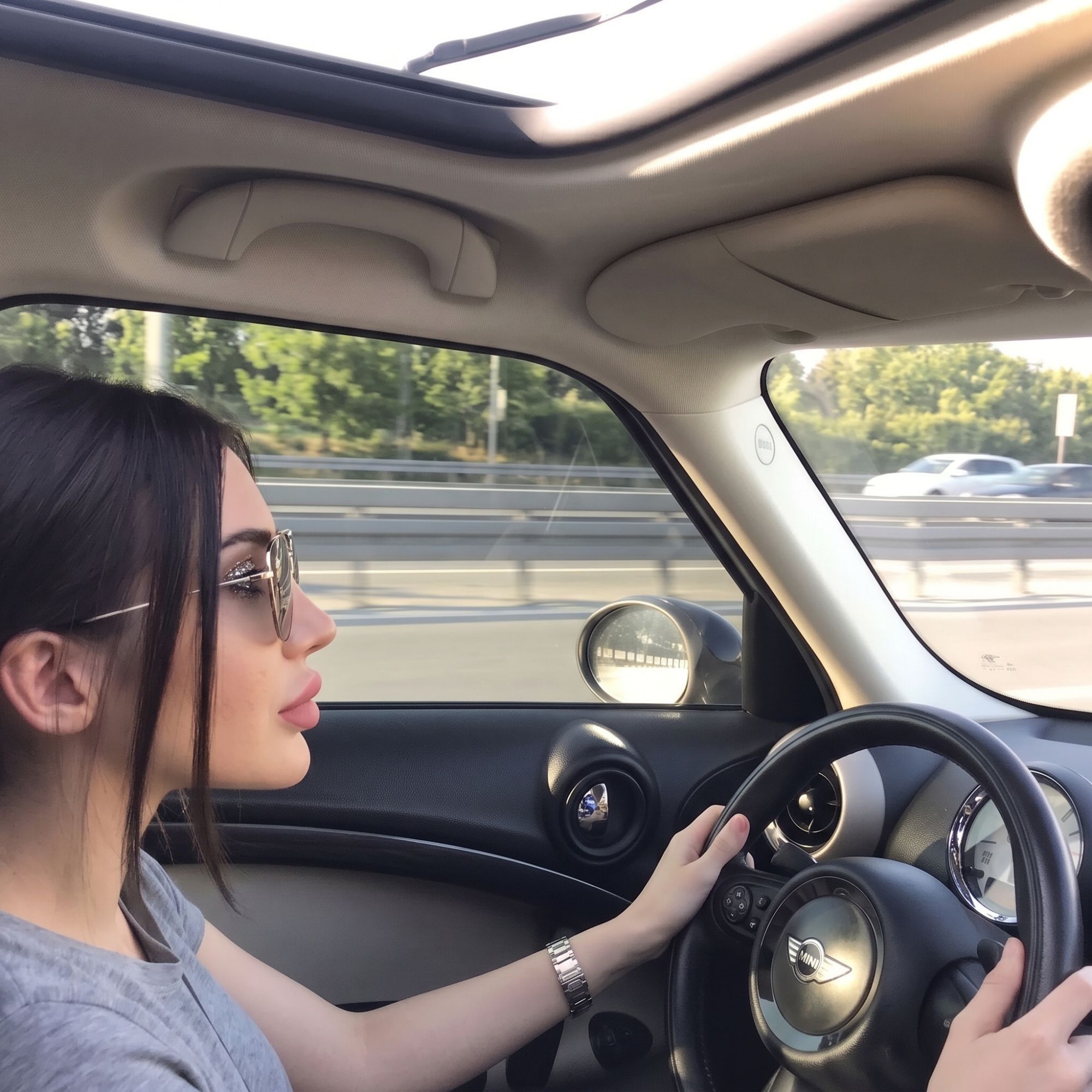 Güneş gözlüklü öğrenci, ana yolda direksiyon başında