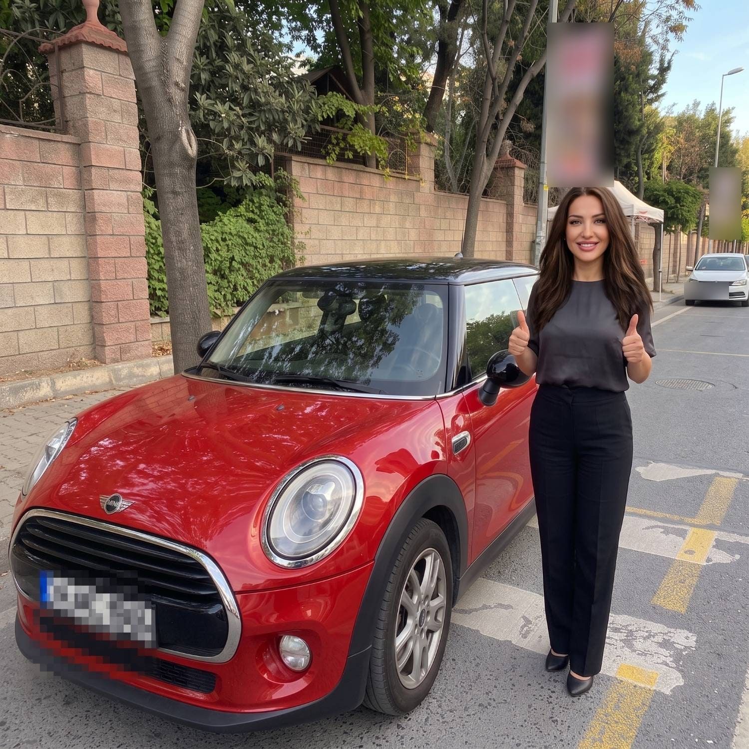 Kırmızı bir otomobilin yanında başparmaklarını kaldıran öğrenci